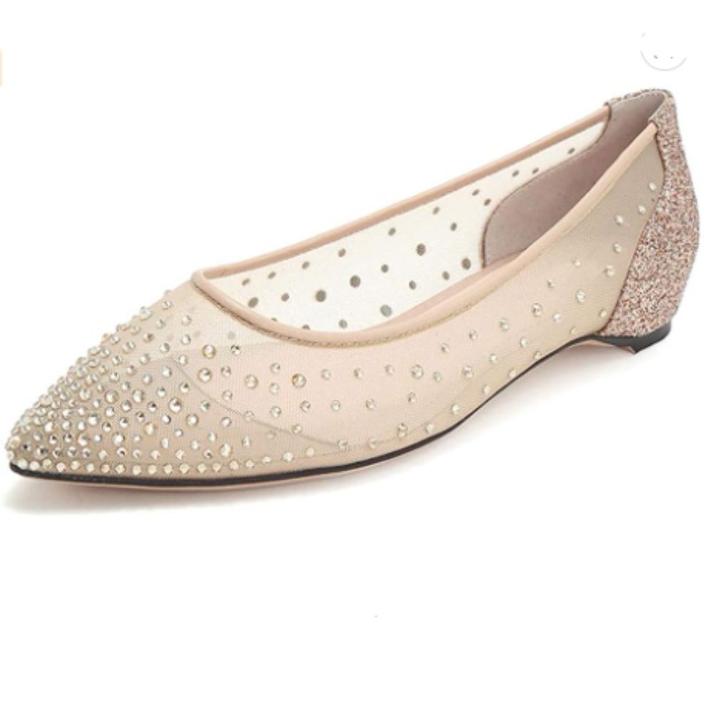 XYD Rhinestones Studded Ballet Flats Mesh Rivets Hidden Heels Pointed Toe Shoes